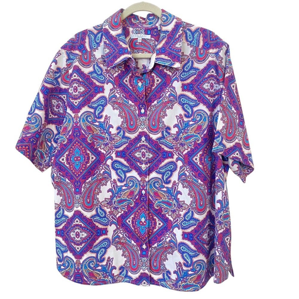 Foxcroft Wrinkle Free Shaped Shirt Purple White Paisley Button blouse Top 22W 3X